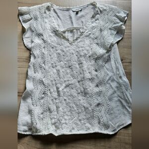 Mine White Embroidery Lace Detailing Blouse V Neck